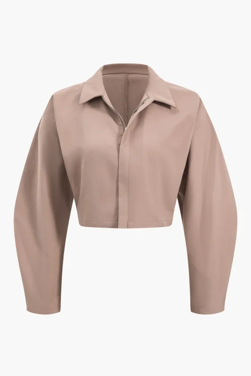 MICAS Pant Sets-Collar Long Sleeve Crop Top And Trousers Set KHAKI