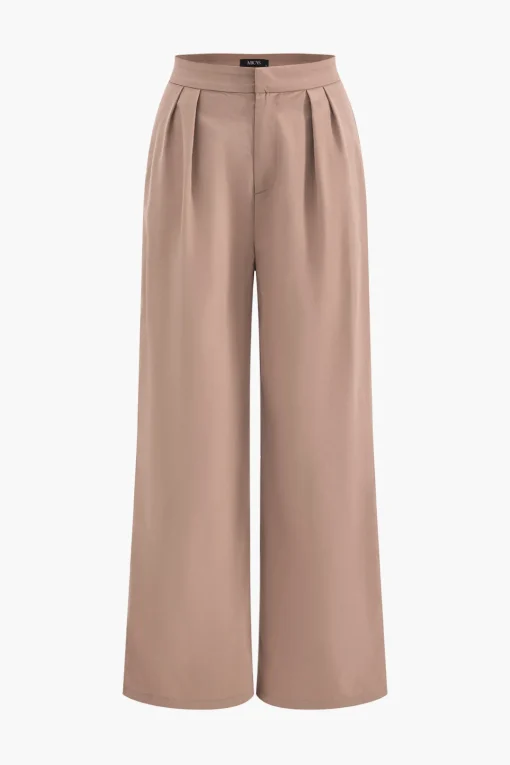 MICAS Pant Sets-Collar Long Sleeve Crop Top And Trousers Set KHAKI