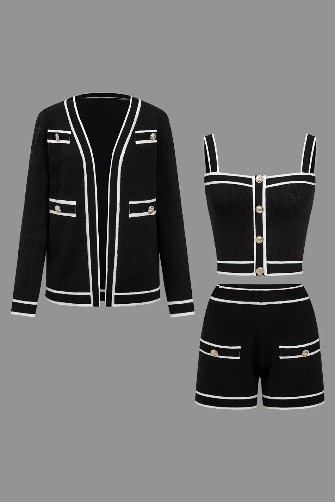 MICAS Knitwear|Knit Sets-Color Block Button Cami Top And Shorts And Sweater Cardigan Set BLACK