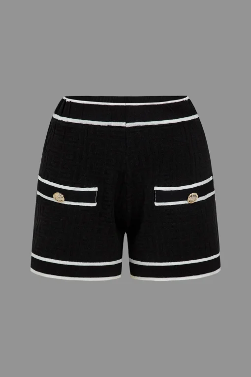MICAS Knitwear|Knit Sets-Color Block Button Cami Top And Shorts And Sweater Cardigan Set BLACK