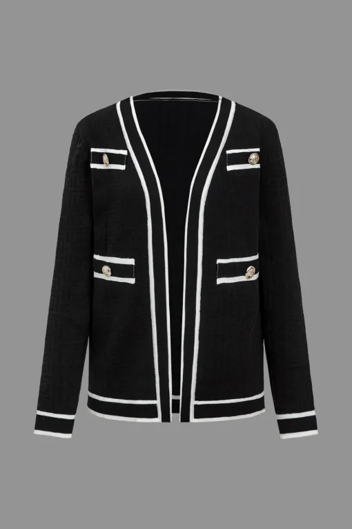 MICAS Knitwear|Knit Sets-Color Block Button Cami Top And Shorts And Sweater Cardigan Set BLACK