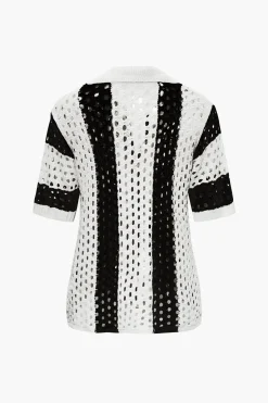 MICAS Knitwear|Knit Sets-Color Block Crochet Open Knit Button Up Top And Shorts Set