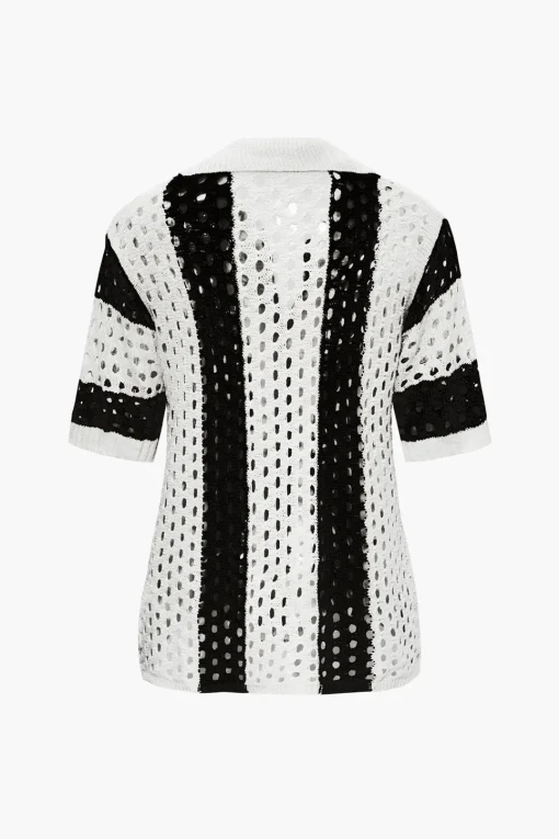 MICAS Knitwear|Knit Sets-Color Block Crochet Open Knit Button Up Top And Shorts Set