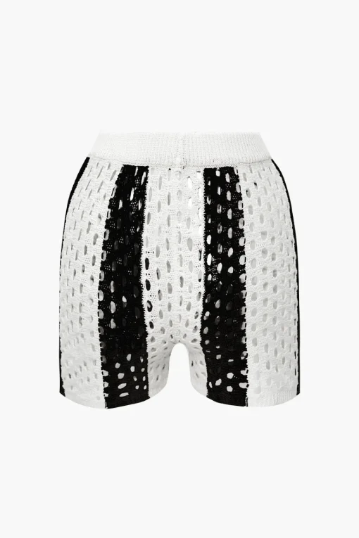 MICAS Knitwear|Knit Sets-Color Block Crochet Open Knit Button Up Top And Shorts Set