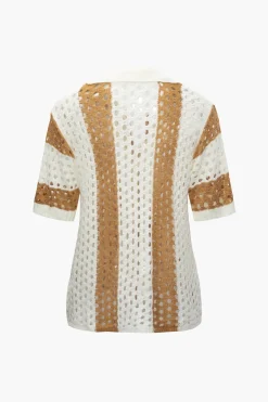MICAS Knitwear|Knit Sets-Color Block Crochet Open Knit Button Up Top And Shorts Set