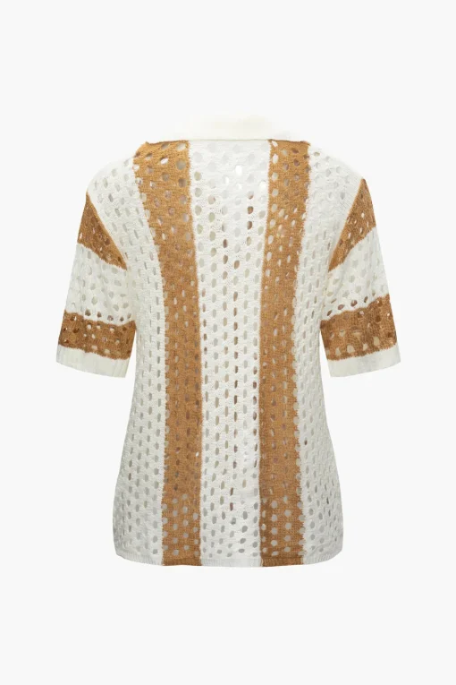 MICAS Knitwear|Knit Sets-Color Block Crochet Open Knit Button Up Top And Shorts Set