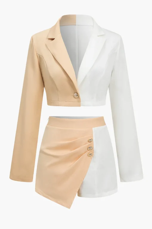 MICAS Skirt Sets-Color Block Cropped Blazer And Button Detail Skort Set BEIGE