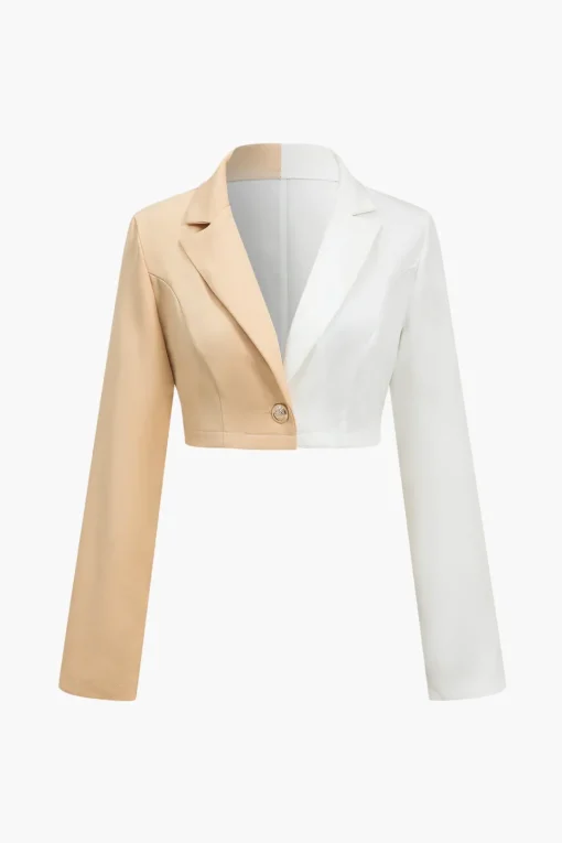 MICAS Skirt Sets-Color Block Cropped Blazer And Button Detail Skort Set BEIGE