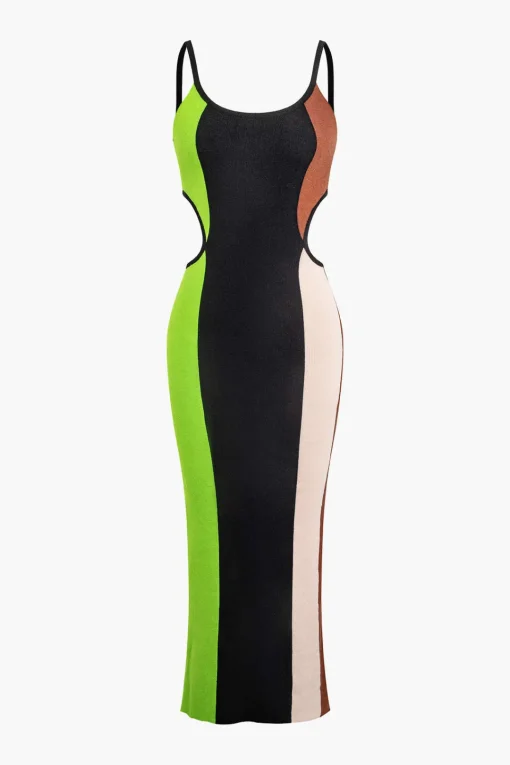 MICAS Knit Dresses-Color Block Cut Out Slip Knit Midi Dress Contrast Color