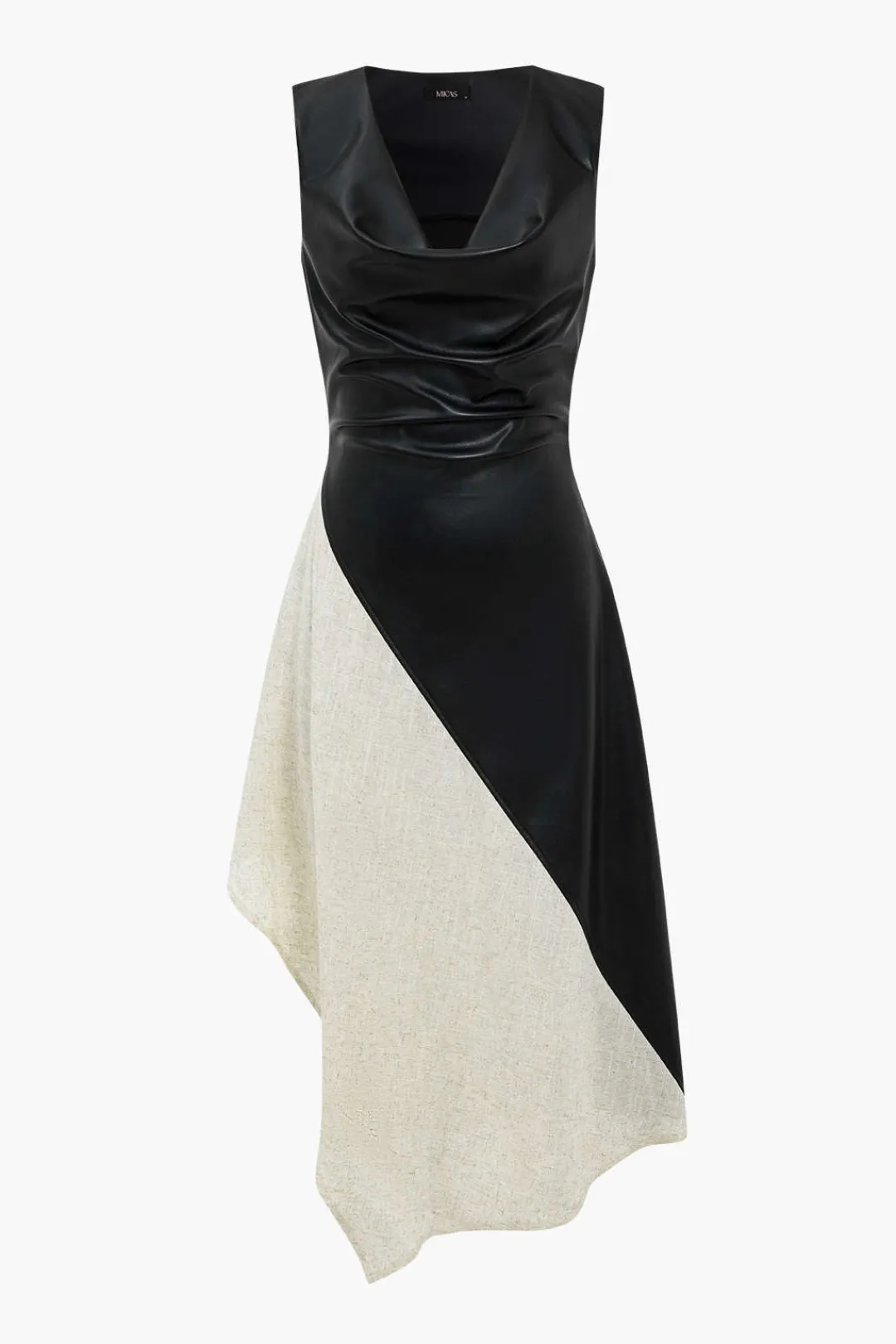 MICAS Midi Dresses-Color Block Draped Cowl Neck Asymmetrical Midi Dress BLACK