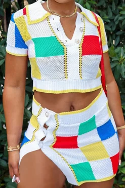 MICAS Skirt Sets-Color Block Knit Top and Split Mini Skirt Set MULTICOLOR