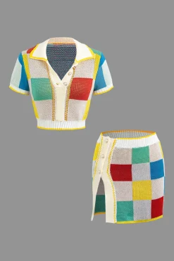 MICAS Skirt Sets-Color Block Knit Top and Split Mini Skirt Set MULTICOLOR