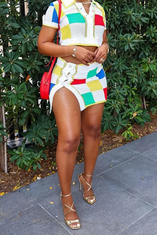 MICAS Skirt Sets-Color Block Knit Top and Split Mini Skirt Set MULTICOLOR