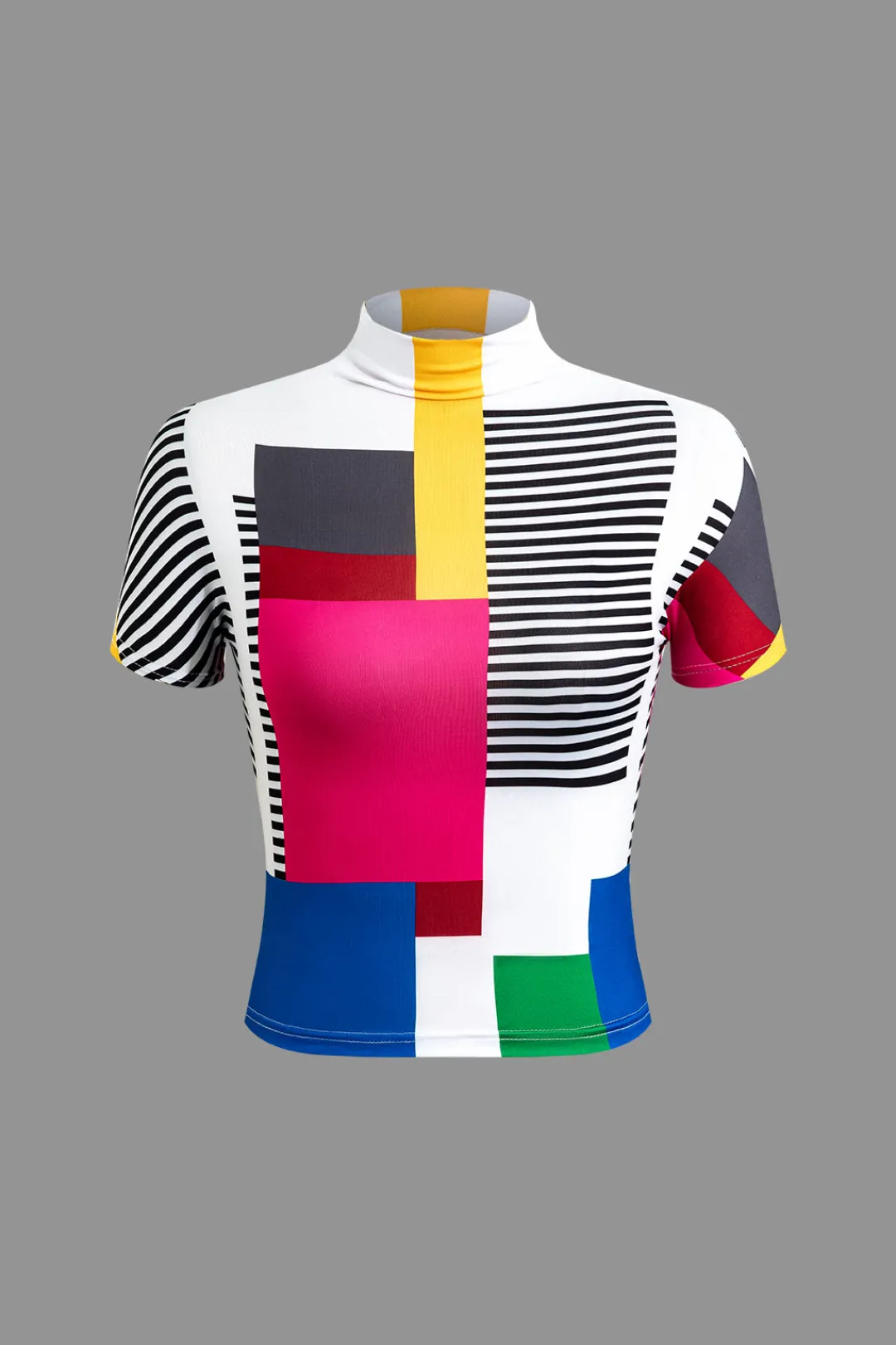 MICAS T-Shirts-Color Block Patchwork Mock Neck T-shirt MULTICOLOR