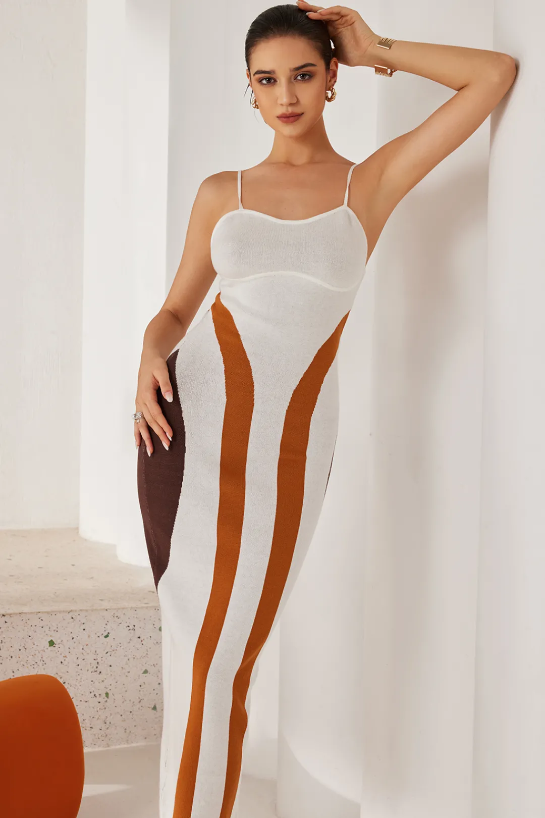 MICAS Knit Dresses-Color Block Print Knit Slip Maxi Dress Contrast Color