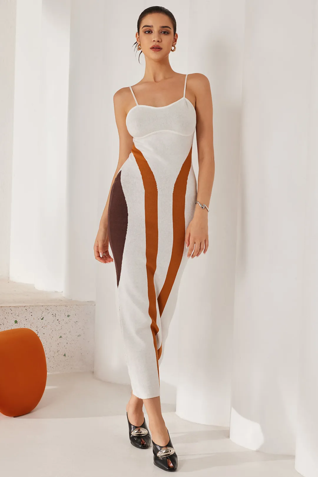 MICAS Knit Dresses-Color Block Print Knit Slip Maxi Dress Contrast Color