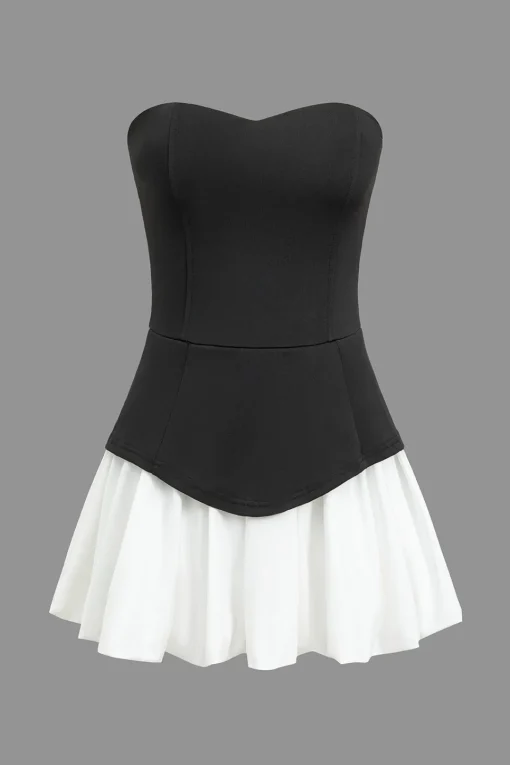 MICAS Mini Dresses-Color Block Ruched Strapless Mini Dress BLACK