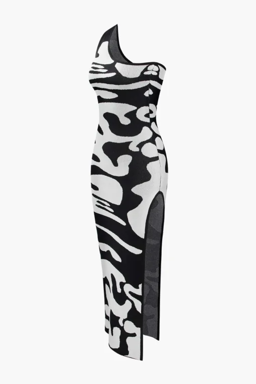 MICAS Knitwear|Knit Dresses-Colorblock One Shoulder Slit Knit Dress