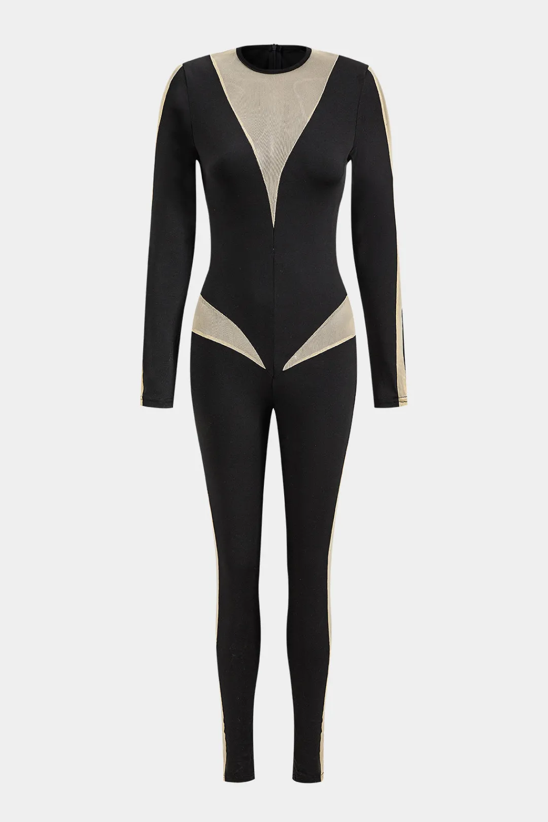 MICAS Jumpsuits & Rompers-Colorblock Patchwork High Waist Long Sleeve Jumpsuit BLACK