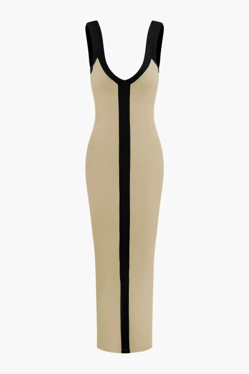 MICAS Maxi Dresses-Colorblock V-neck Ribbed Split Maxi Dress
