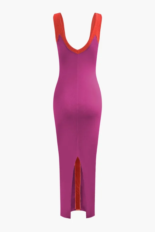 MICAS Maxi Dresses-Colorblock V-neck Ribbed Split Maxi Dress