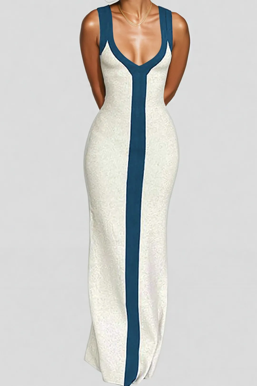 MICAS Maxi Dresses-Colorblock V-neck Ribbed Split Maxi Dress