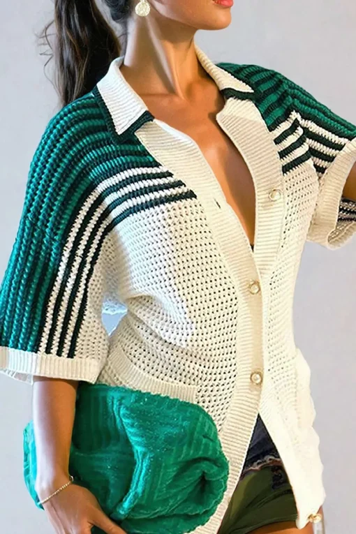 MICAS Knitwear|Knit Tops-Contrast Crochet Short Sleeve Top WHITE