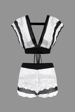 MICAS Knit Sets-Contrast Crochet V-Neck Knit Shorts Set