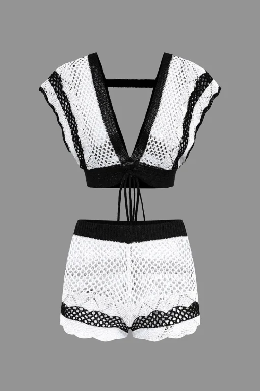 MICAS Knit Sets-Contrast Crochet V-Neck Knit Shorts Set
