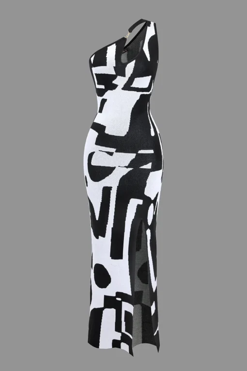 MICAS Knitwear|Knit Dresses-Contrast Cut Out Slit Sweater Dress BLACK
