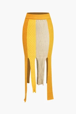 MICAS Knitwear|Skirts-Contrast Fringe Hem Knit Midi Skirt