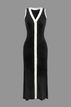 MICAS Knit Dresses-Contrast Knit Button Up Midi Dress Contrast Color