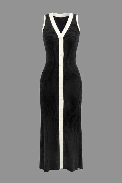 MICAS Knit Dresses-Contrast Knit Button Up Midi Dress Contrast Color