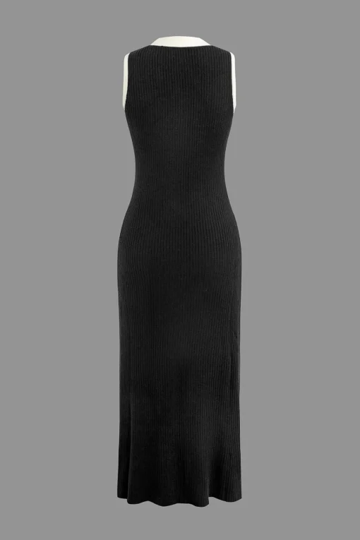 MICAS Knit Dresses-Contrast Knit Button Up Midi Dress Contrast Color