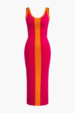 MICAS Knit Dresses-Contrast Knitted Slit Midi Dress