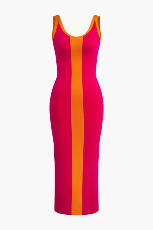 MICAS Knit Dresses-Contrast Knitted Slit Midi Dress