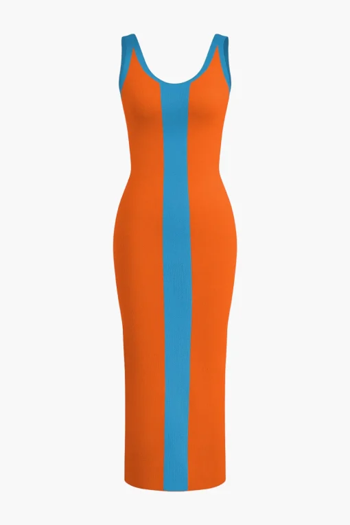 MICAS Knit Dresses-Contrast Knitted Slit Midi Dress