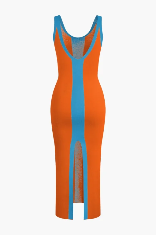 MICAS Knit Dresses-Contrast Knitted Slit Midi Dress