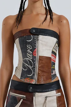 MICAS Tube Tops-Contrast Letter Print Faux Leather Zipper Strapless Top BLACK