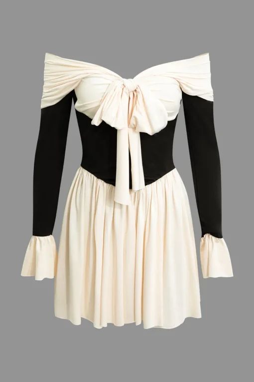 MICAS Long Sleeve Dresses|Mini Dresses-Contrast Off Shoulder Knot Bell Sleeve Pleated Mini Dress BEIGE