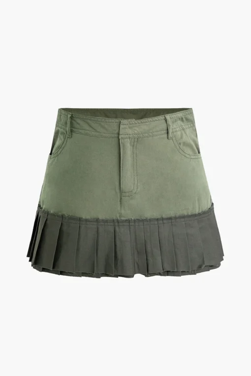 MICAS Skirts-Contrast Pleated Mini Skirt MILITARY