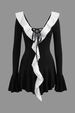 MICAS Long Sleeve Dresses|Mini Dresses-Contrast Ruffle Neck Tie Front Bell Sleeve Mini Dress