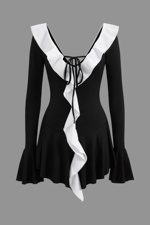 MICAS Long Sleeve Dresses|Mini Dresses-Contrast Ruffle Neck Tie Front Bell Sleeve Mini Dress