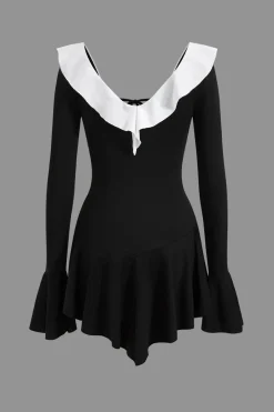 MICAS Long Sleeve Dresses|Mini Dresses-Contrast Ruffle Neck Tie Front Bell Sleeve Mini Dress