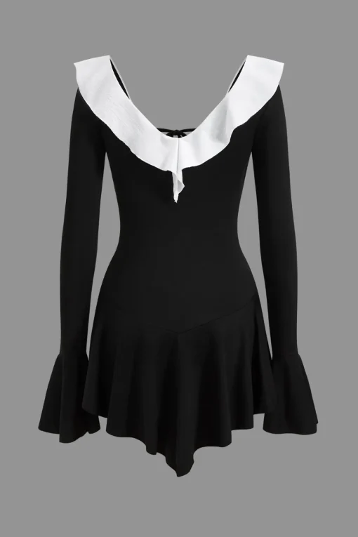 MICAS Long Sleeve Dresses|Mini Dresses-Contrast Ruffle Neck Tie Front Bell Sleeve Mini Dress