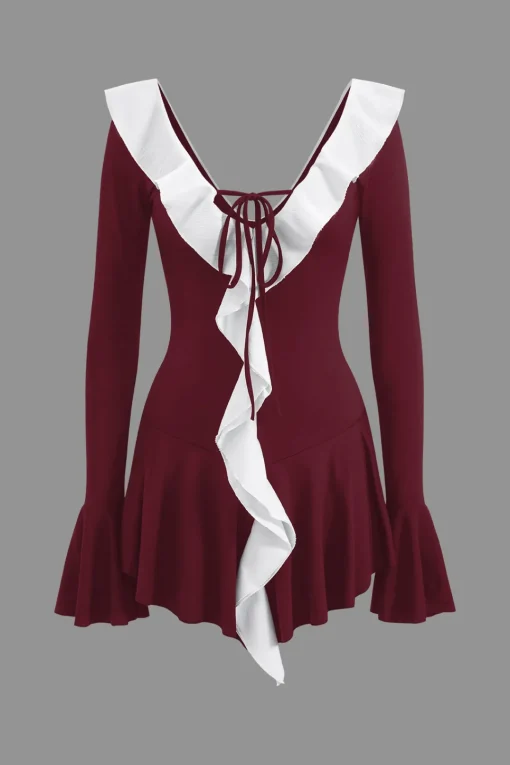 MICAS Long Sleeve Dresses|Mini Dresses-Contrast Ruffle Neck Tie Front Bell Sleeve Mini Dress
