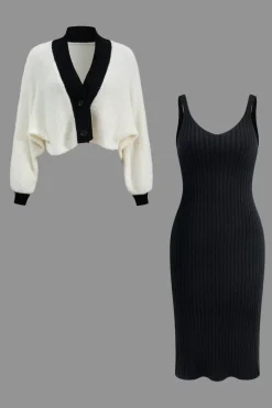 MICAS Knitwear|Knit Sets-Contrast Sweater Button Cropped Cardigan And Slip Dress Set BLACK