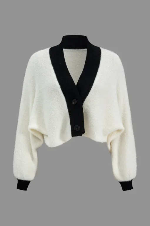 MICAS Knitwear|Knit Sets-Contrast Sweater Button Cropped Cardigan And Slip Dress Set BLACK