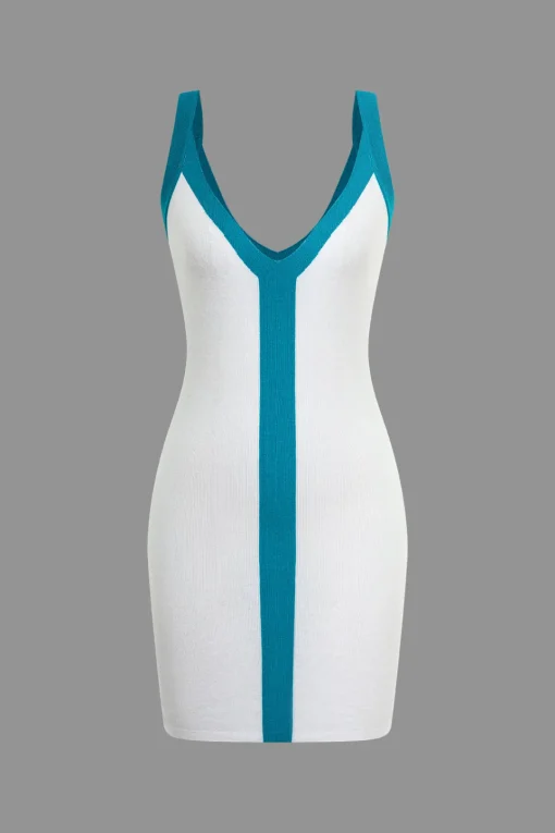 MICAS Mini Dresses|Knitwear-Contrast V-neck Knit Mini Dress Contrast Color