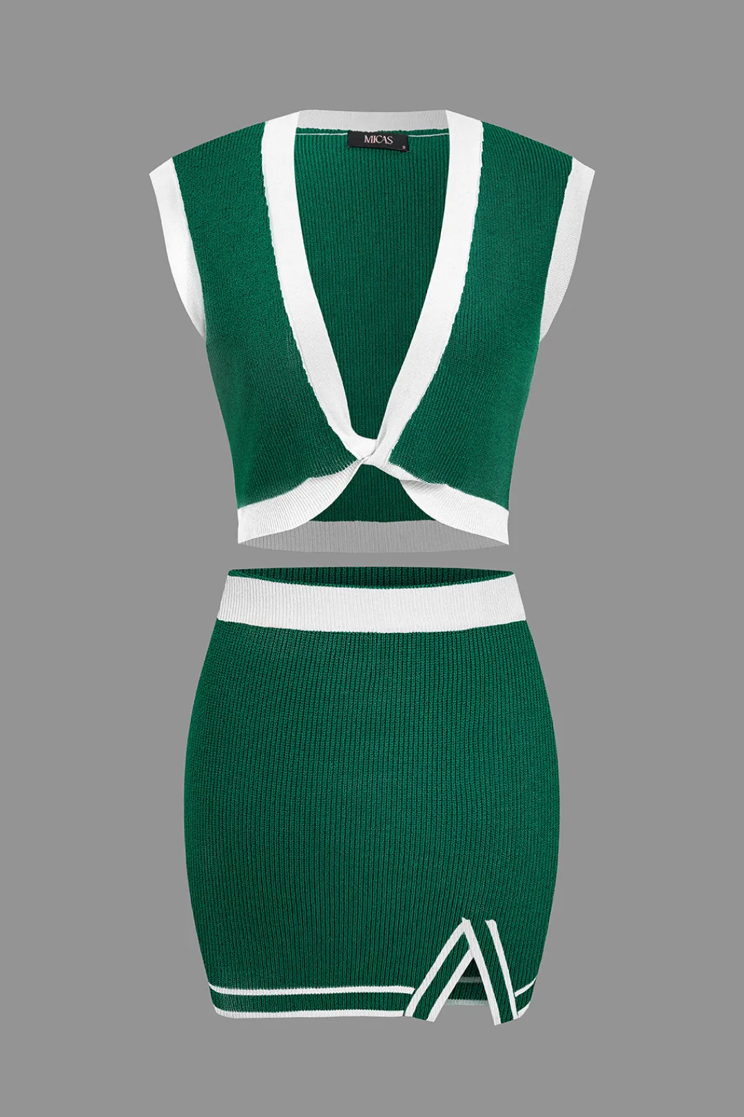 MICAS Vacation Sets|Knit Sets-Contrast V-neck Knit Top And Mini Skirt Set